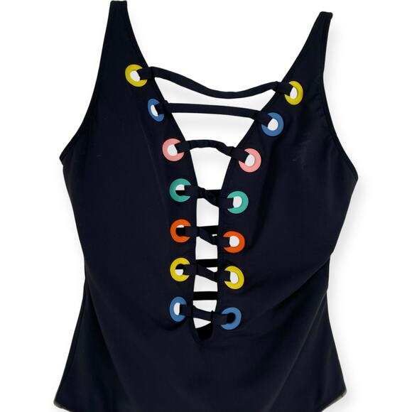 Bleu Rod Beattie Mio Black Rainbow Lattice Criss Cross Plunge Cut Out Swimsuit 6 - Picture 6 of 10